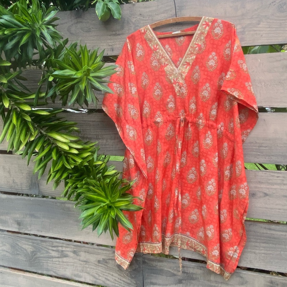 OCEAN QUEEN v neck short caftan tunic with adjustable tie waist